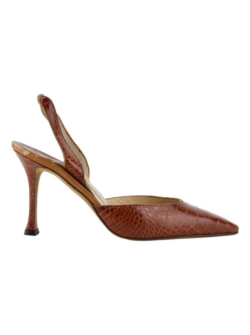 Sapato Manolo Blahnik Couro Texturizado Slingback Marrom - MTB89