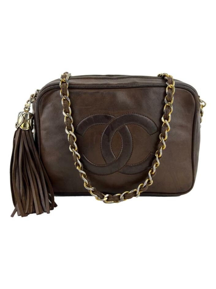 Bolsa Tiracolo Chanel Vintage CC Tassel Camera Couro Marrom