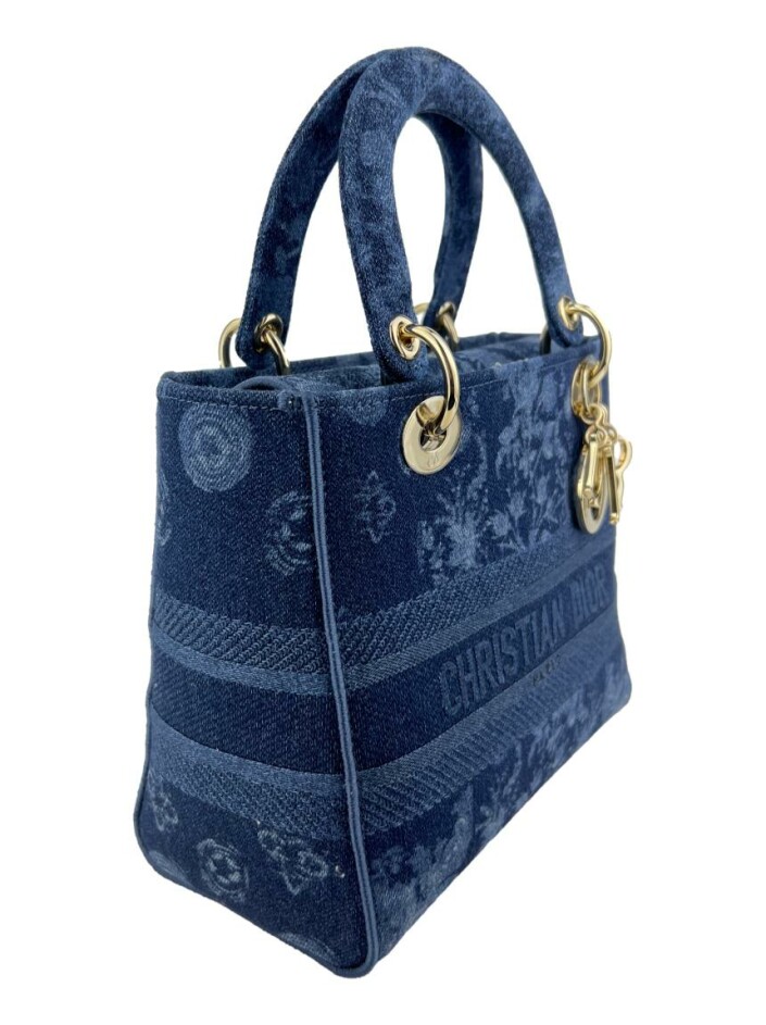 Bolsa com Alça Christian Dior Medium Floral Lady D-Lite Denim