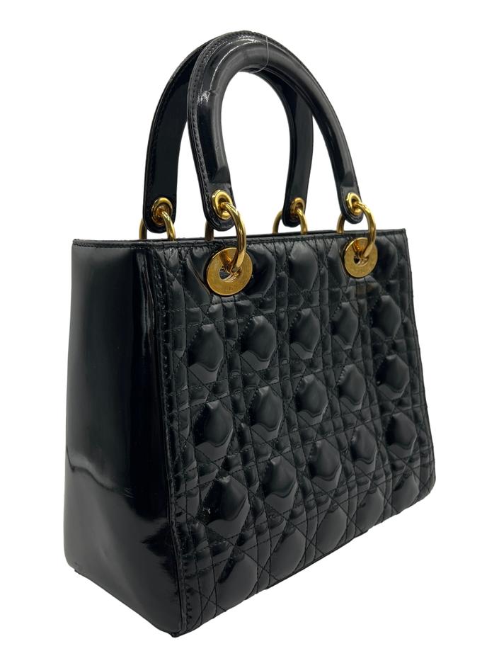 Bolsa Tote Christian Dior Lady Dior Cannage Verniz Preta - DZU225