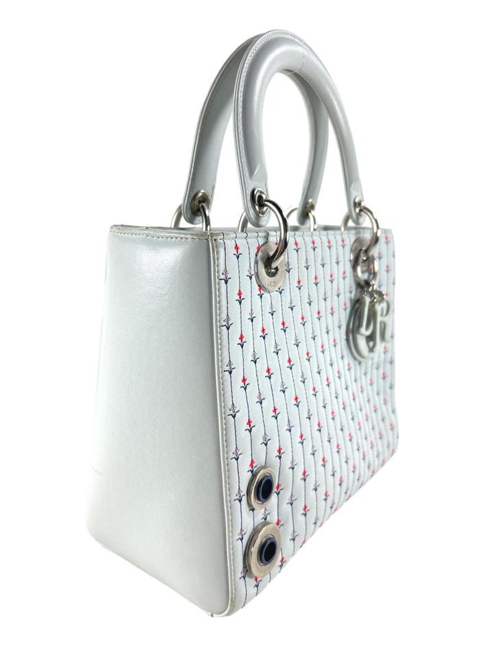 ディオール Christian Dior Bolsa Tote Christian Dior Lady Dior Embroidered Flower Azul Claro