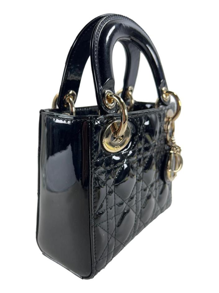 Bolsa Tote Christian Dior Lady Dior Mini Cannage Verniz Preta