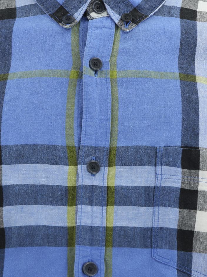 Camisa Burberry Brit Linho Xadrez Azul Celeste Masculina - RTW25