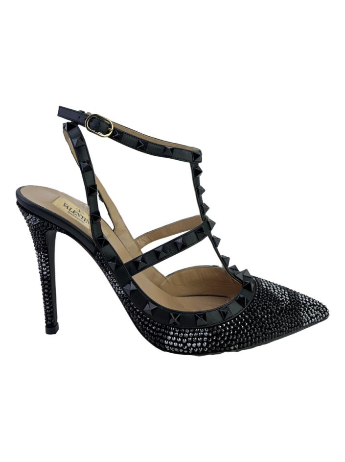Sapato de Salto Valentino Cristal Preto Rockstud - DUQ402 Original