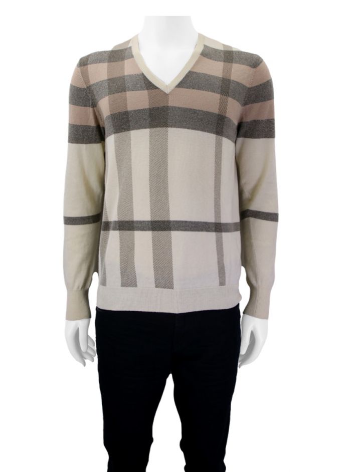 Suéter Burberry Creme Quadriculado Gola V Masculino Original TFT5