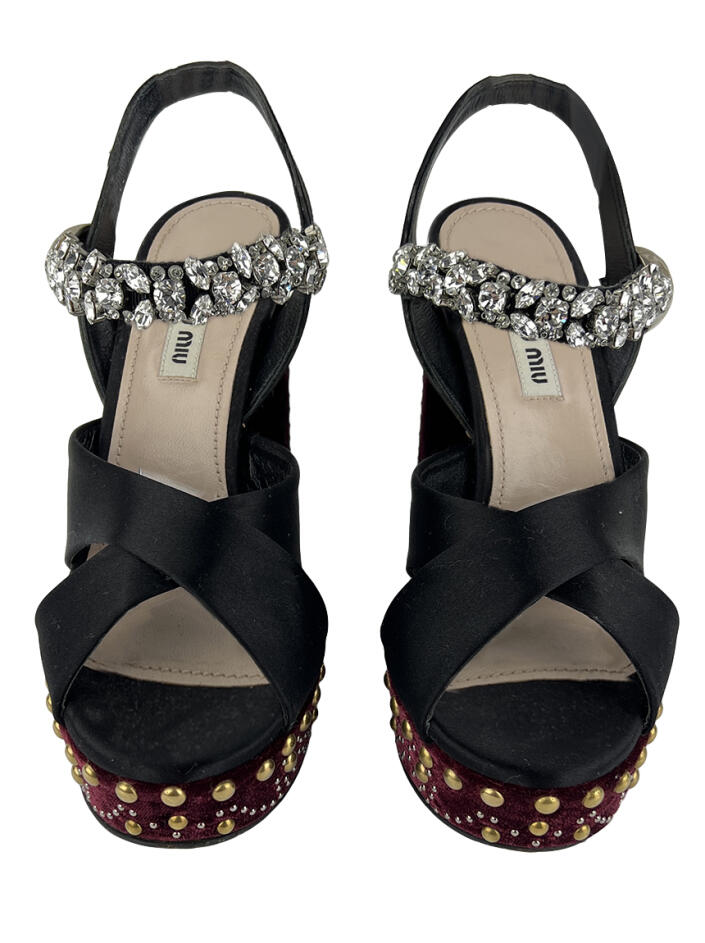 ミュウミュウ Sandália Miu Miu Crystal Veludo Preto - OFB473 Original | Etiqueta