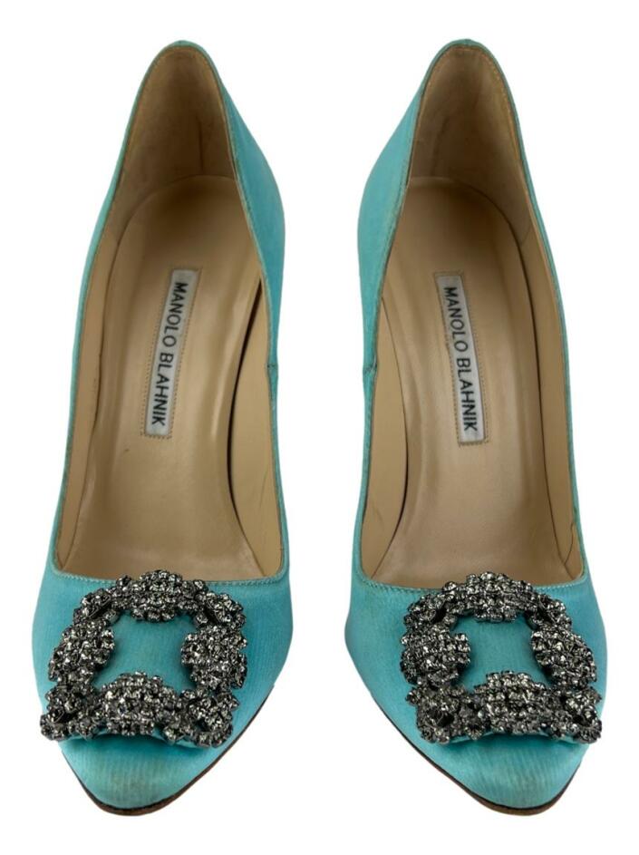 Sapato de Salto Manolo Blahnik Hangisi Cetim Azul Tiffany - XL93