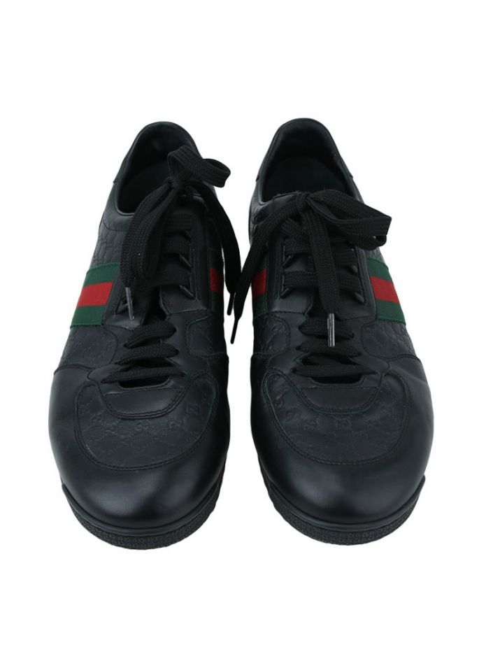 Tênis Gucci Leather Sneaker With Web Preto Masculino - SZ1552