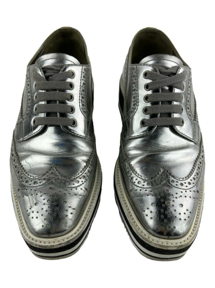 Tênis Prada Leather Trainers Plataforma Prata - AGZN14 Original
