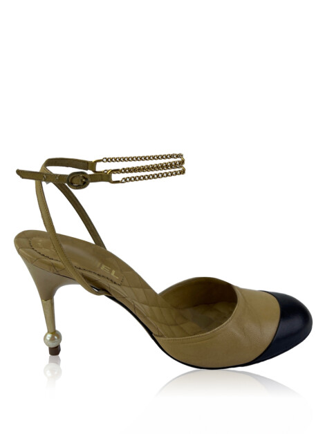 Sapato de Salto Chanel Slingback Pérola Bicolor Vintage