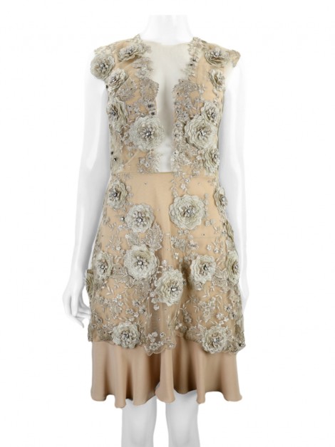Vestido de Festa Fabiana Milazzo Bordado Floral Bege
