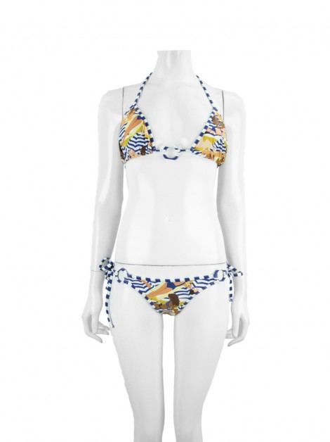 Biquini Água De Coco Listras Azul/Branco e Estampa