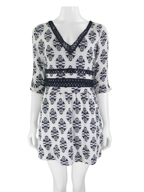 Vestido Costume Rendado Azul Marinho e Branco