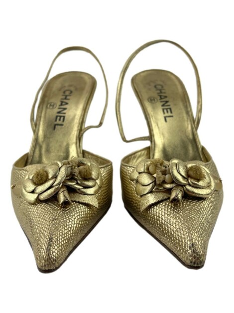 Sapato de Salto Chanel Vintage Couro Dourado