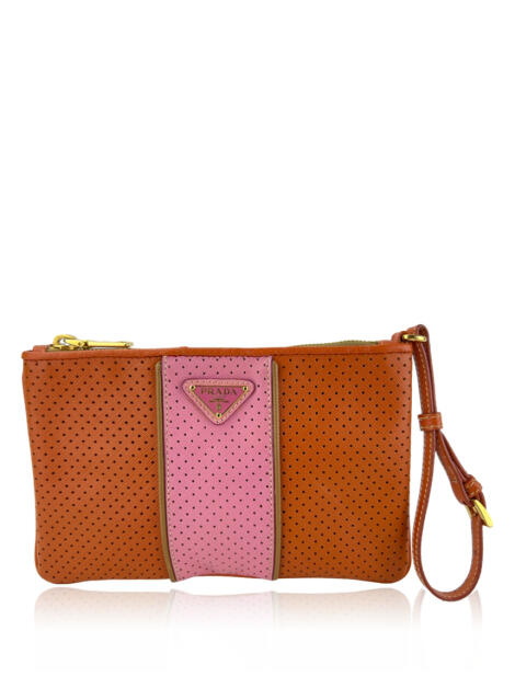 Prada Orange/Pink Perforated Leather Wristlet Clutch Bag