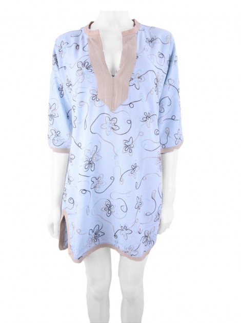Vestido Resort Couture Linho Bordada Azul