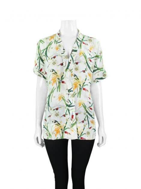 Blusa Sardina Toque de Seda Estampa Flores e Peixes