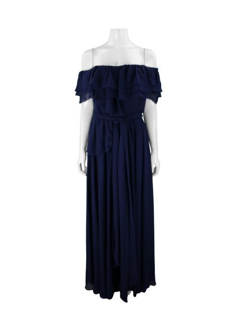 Vestido de Festa Badgley Mischka Babados Azul Marinho