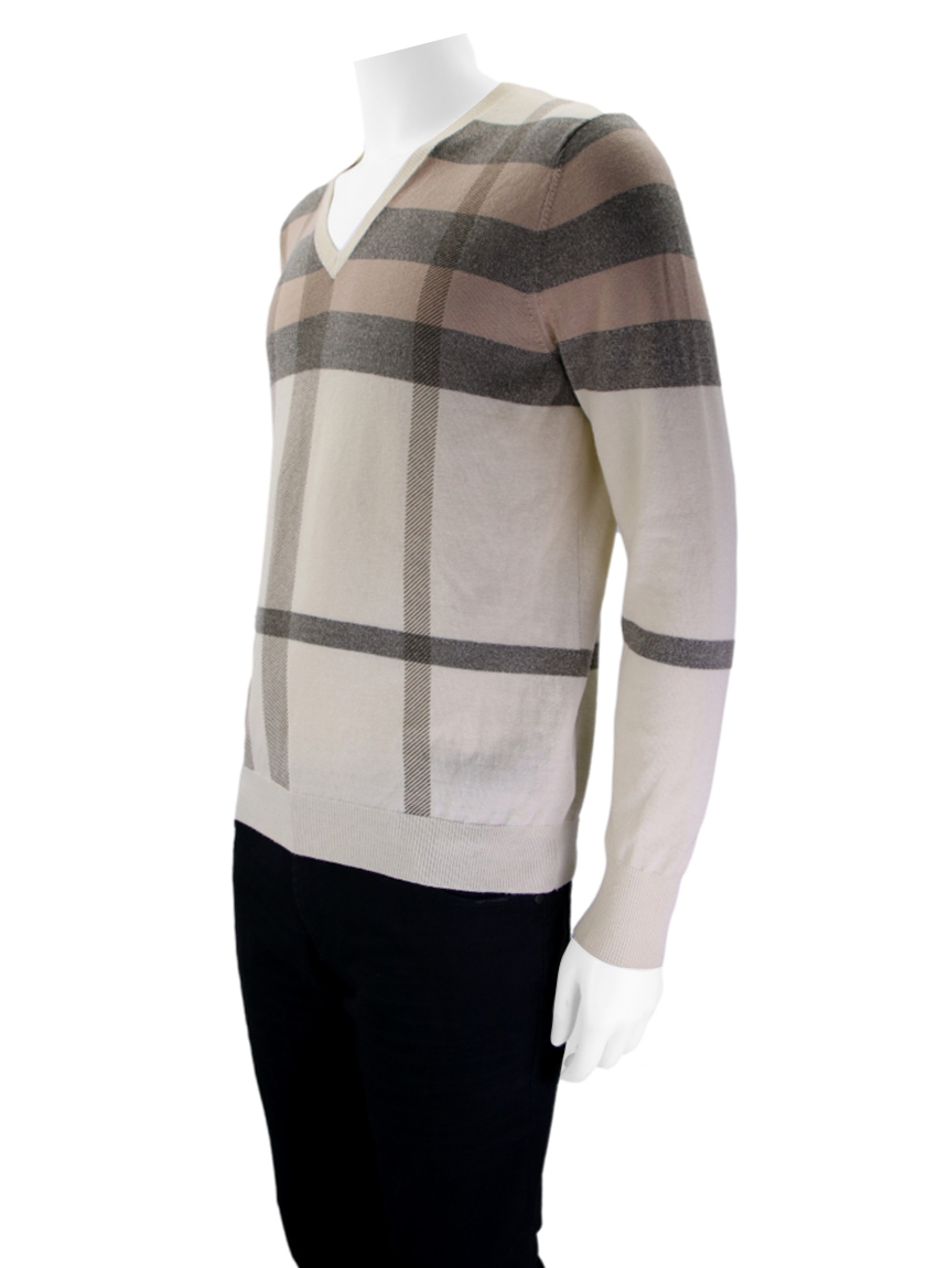 Suéter Burberry Creme Quadriculado Gola V Masculino Original TFT5