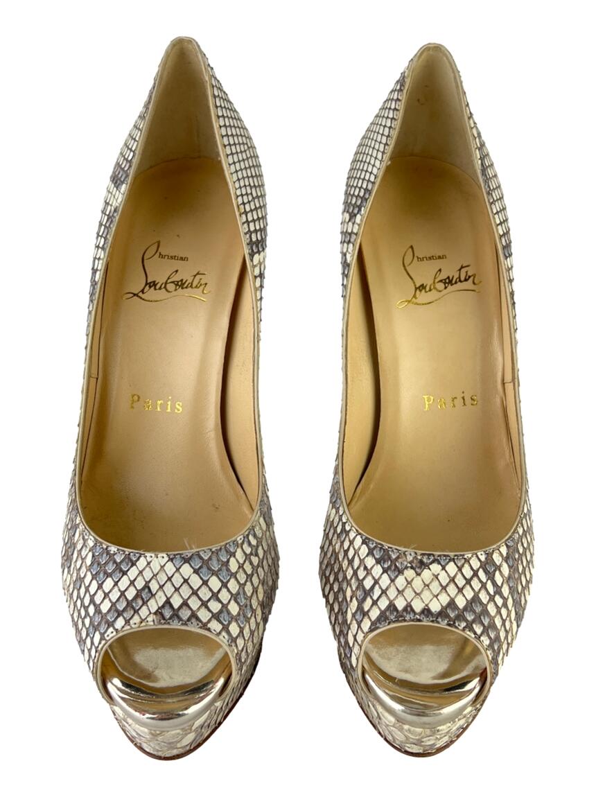 Scarpin Christian Louboutin Lady Peep Python Dourado Original