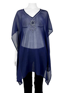 Blusa Antik Batik Transparência Bordado Azul Marinho