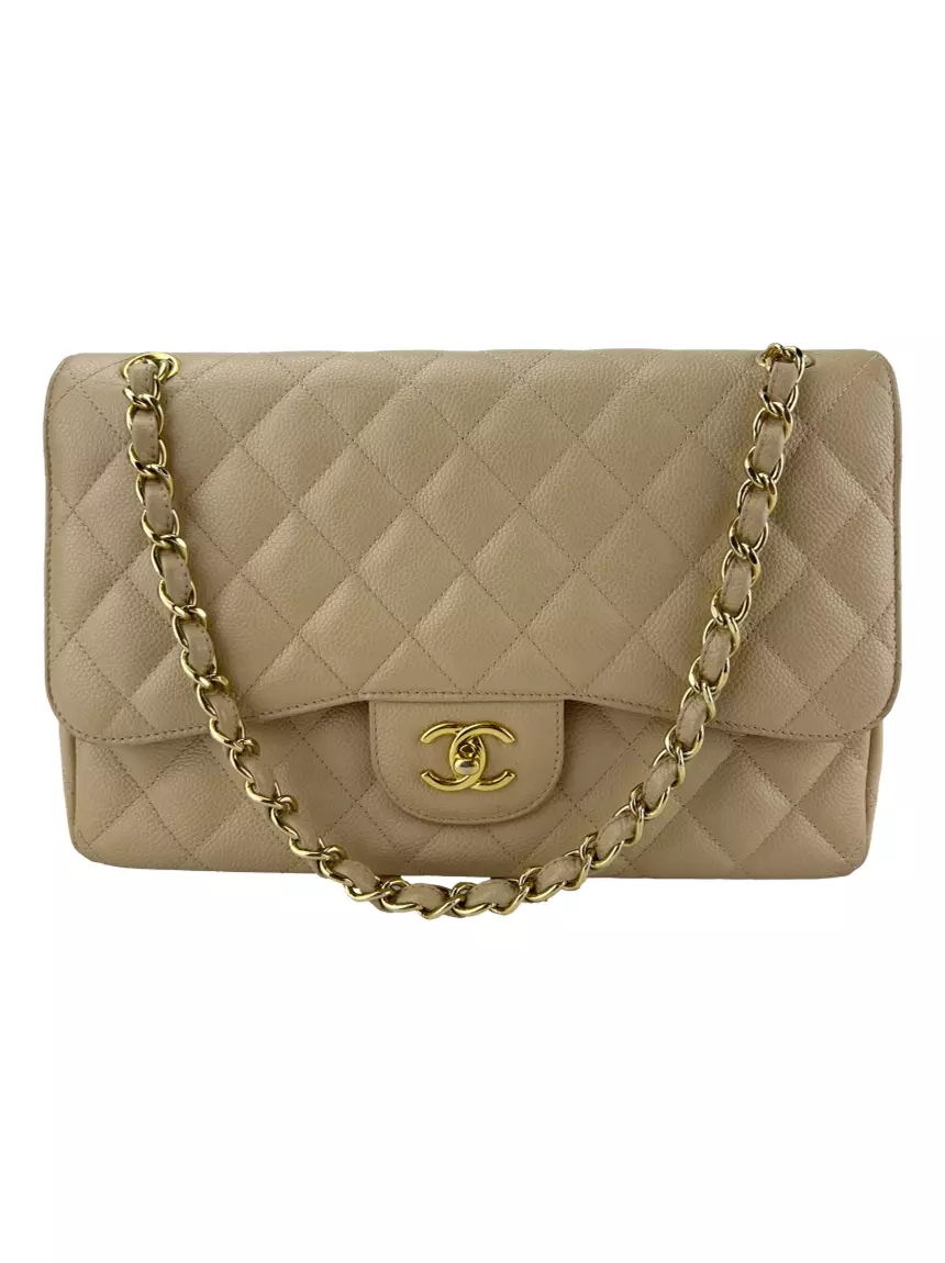 Bolsa com Alça Chanel Double Flap Caviar Jumbo Bege Original - OVA9