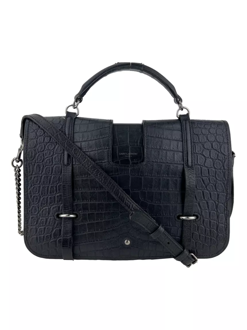 Bolsa com Alça Yves Saint Laurent Charlotte Messenger Crocodile Embossed  Medium Preto Original - | Etiqueta Única