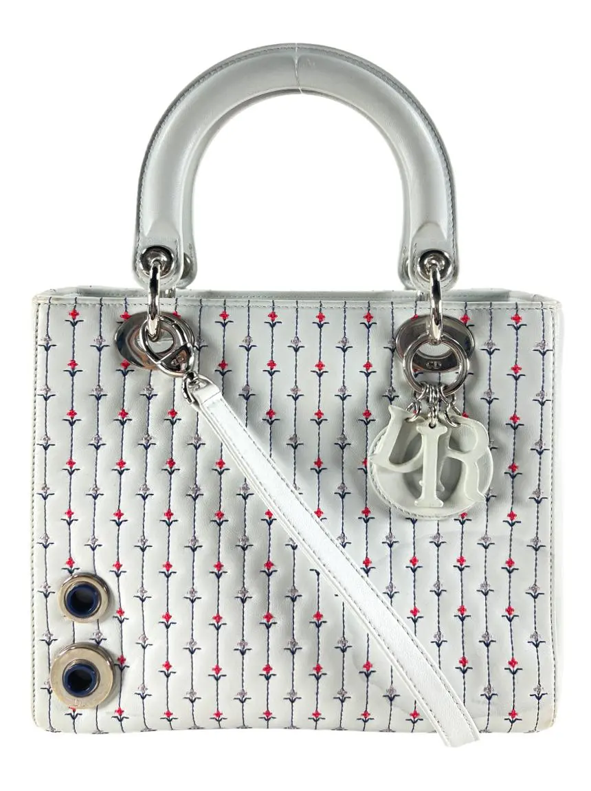 ディオール Christian Dior Bolsa Tote Christian Dior Lady Dior Embroidered Flower Azul Claro