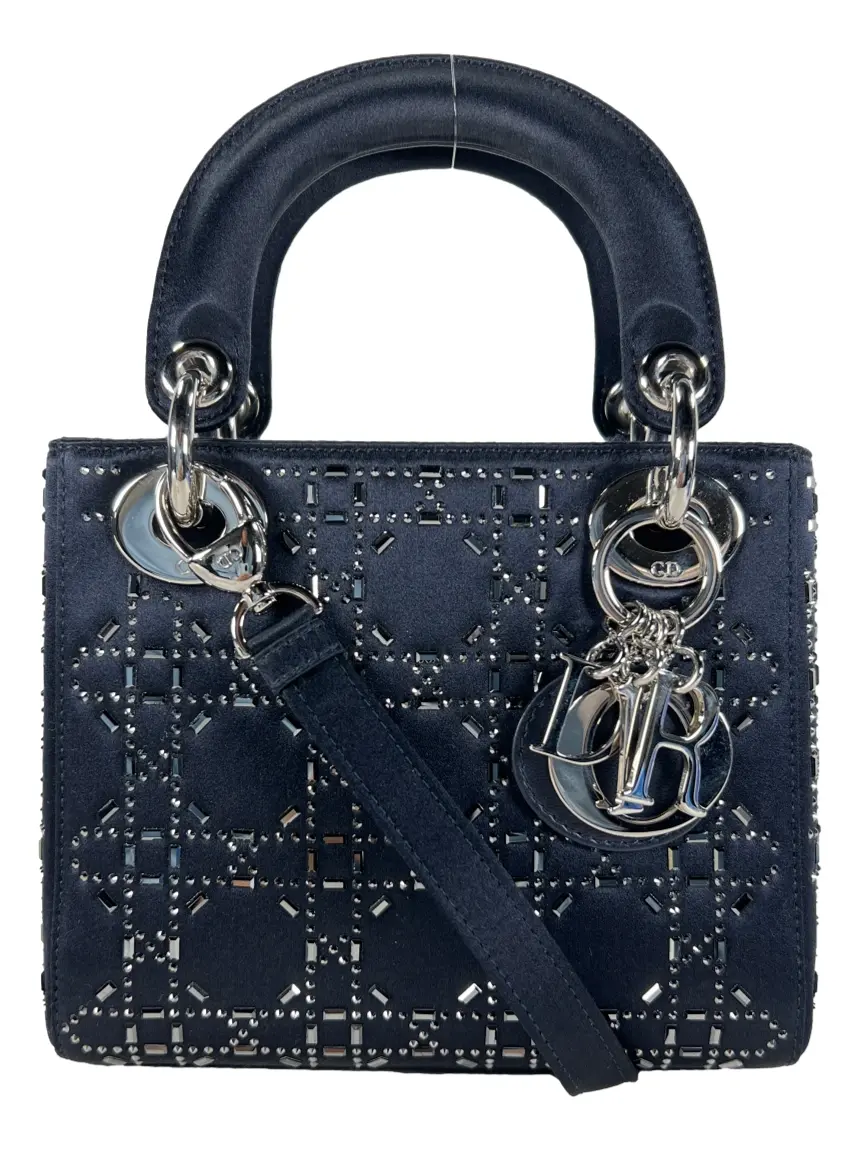 Bolsa Tote Christian Dior Lady Dior Mini Cristal Cetim Azul