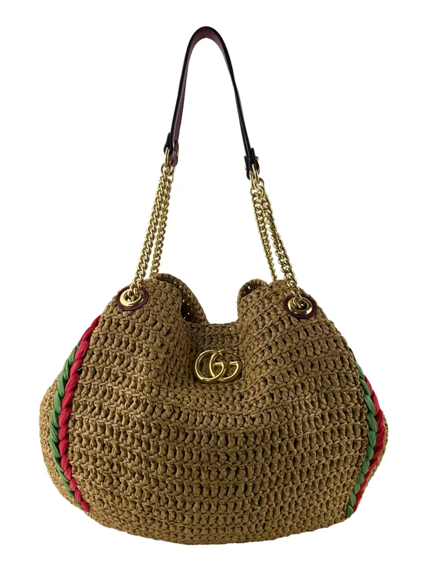 Bolsa Tote Gucci Marmont Chain Raffia Bege BOY20 Original