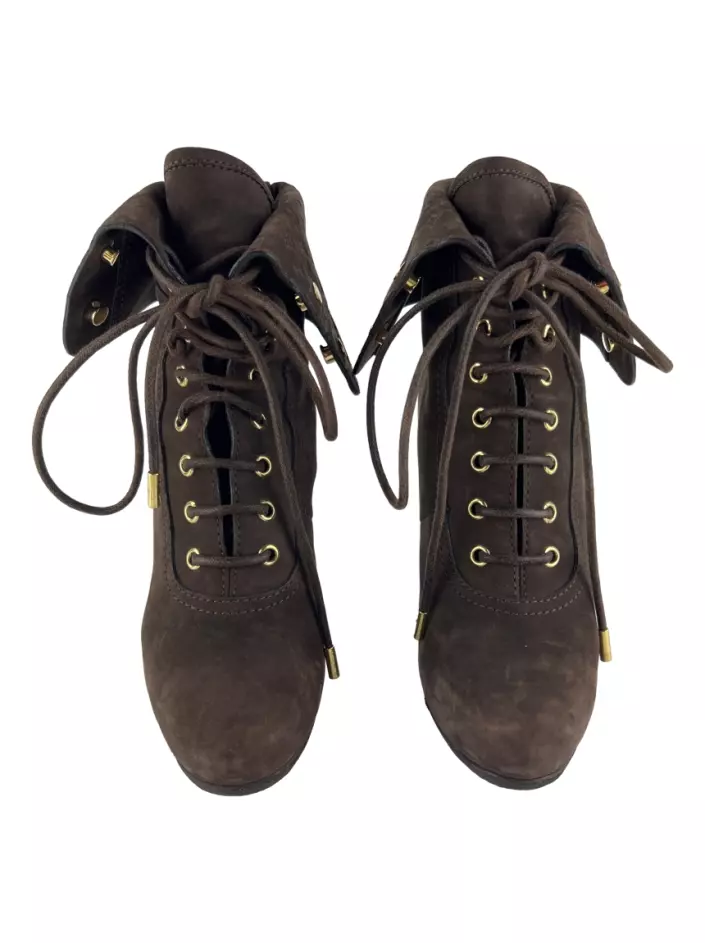 Louis Vuitton Brown Suede Empreinte Fold Over Lace Up Ankle Boots