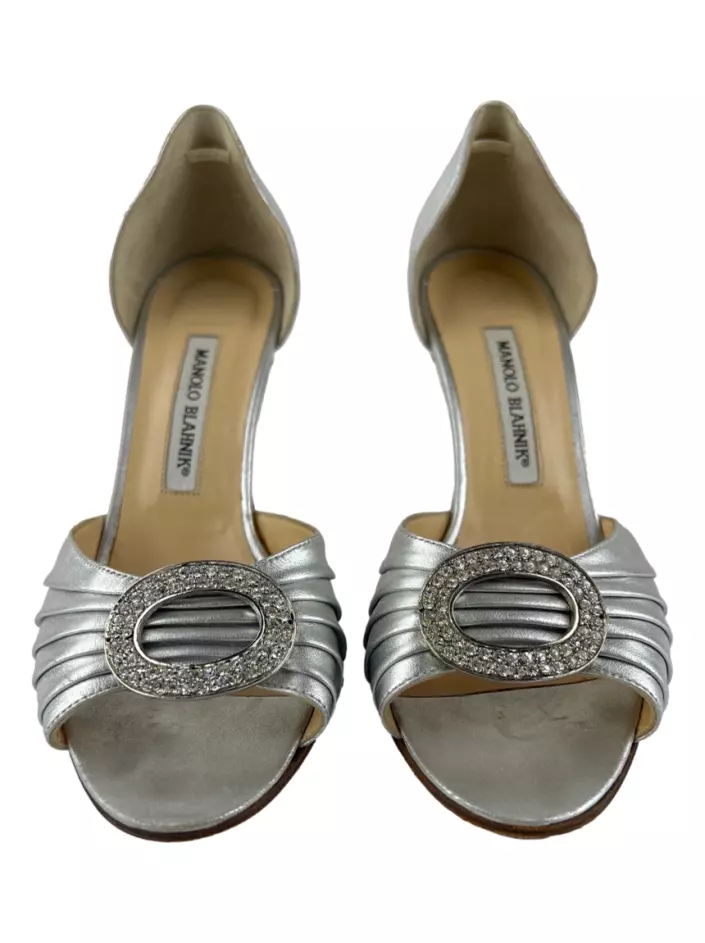 Sapato de Salto Manolo Blahnik D'orsay Peep Toe Cinza