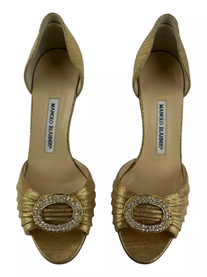 Sapato de Salto Manolo Blahnik Peep Toe Dourado - BCH6074 Sapato de Salto Manolo Blahnik Peep Toe Dourado - BCH6074