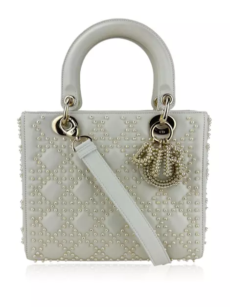 Bolsa com Alça Christian Dior Lady Dior Pearl Cannage Branca