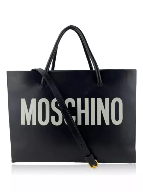 Bolsa com Alça Moschino Tote Logo Couro Preta