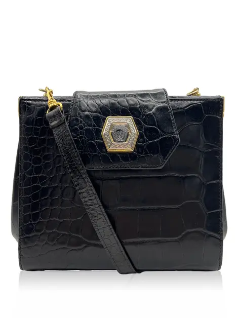 Bolsa Tiracolo Versace Embossed Preto Vintage