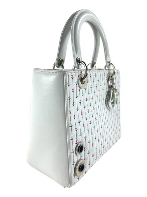 Bolsa Tote Christian Dior Lady Dior Embroidered Flower Azul Claro