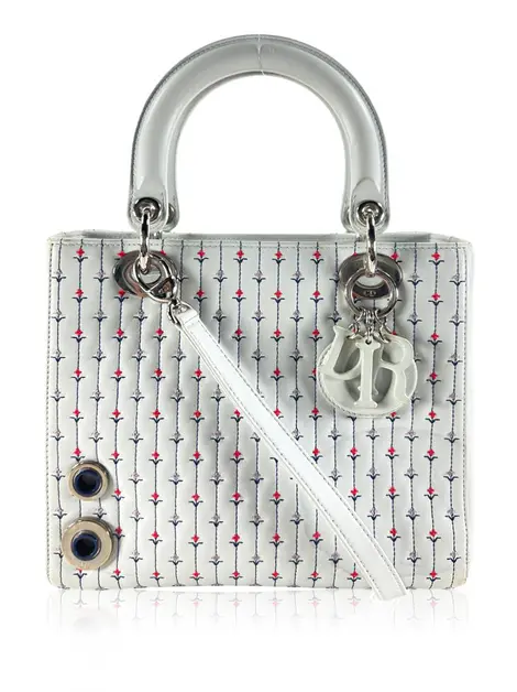 Bolsa Tote Christian Dior Lady Dior Embroidered Flower Azul Claro