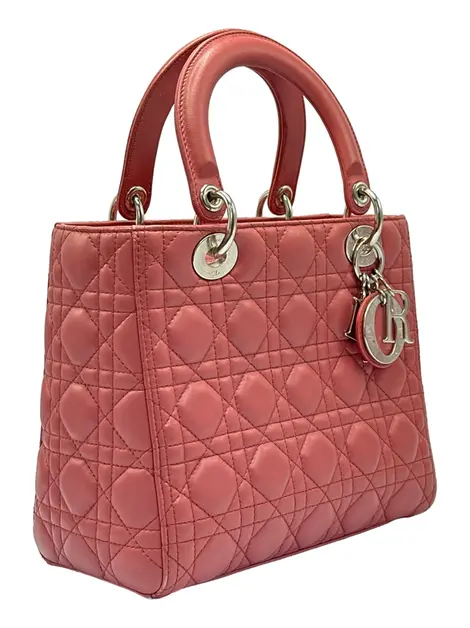 Bolsa Tote Christian Dior Lady Dior Medium Lambskin Cannage Goiaba