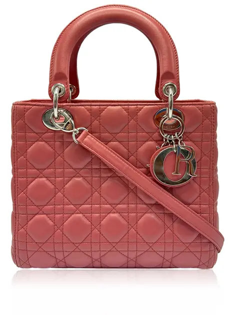 Bolsa Tote Christian Dior Lady Dior Medium Lambskin Cannage Goiaba