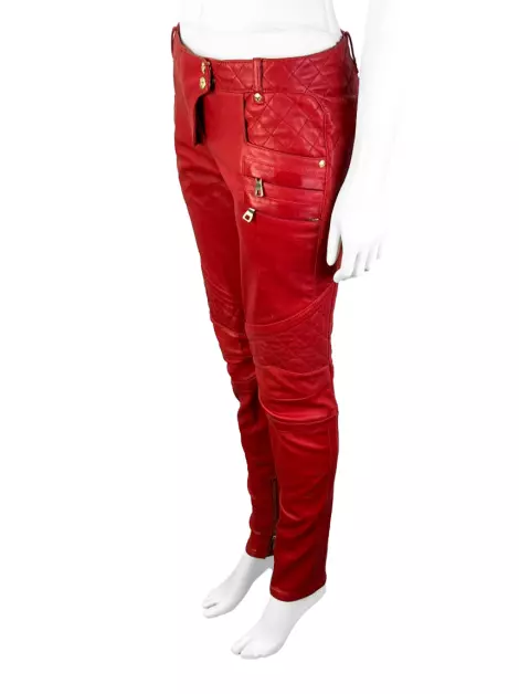 Calça Balmain Couro Vermelho