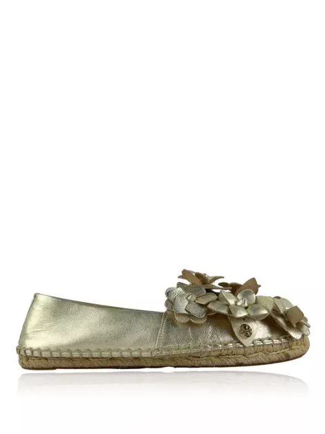 Espadrille Tory Burch Floral Couro Dourado