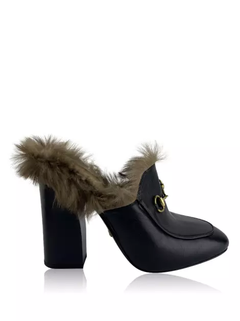 Mule Gucci Malaga Kid Fur Princetown Couro Preto