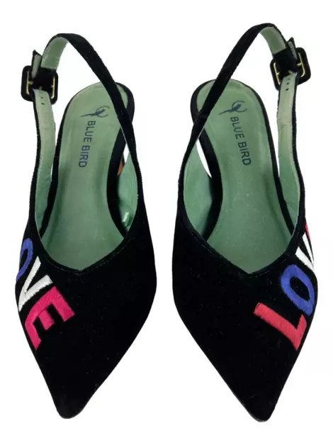 Sapato de Salto Blue Bird Veludo Bordado Preto