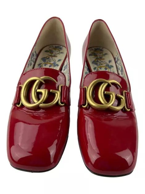 Sapato de Salto Gucci Patent GG Victoire Block Verniz Vermelho