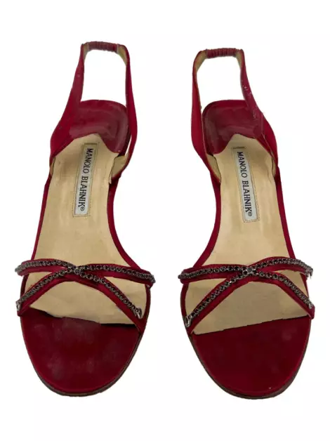 Sapato de Salto Manolo Blahnik Acetinado Slingback Vintage Vermelho