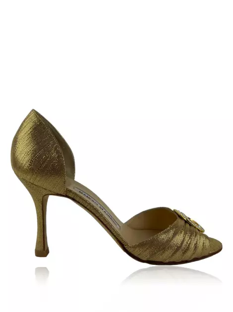 Sapato de Salto Manolo Blahnik Peep Toe Dourado