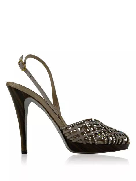 Sapato de Salto René Caovilla Slingback Couro Bege