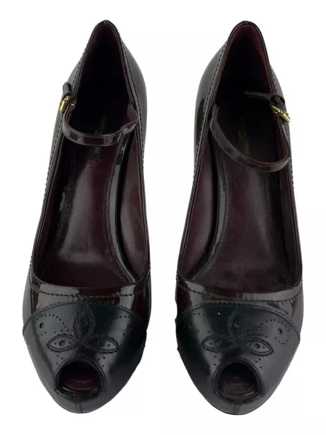 Scarpin Louis Vuitton Burgundy Patent Leather Peep Toe Mary Jane Vinho