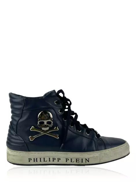 Tênis Philipp Plein Cano Alto Skull Couro Marinho